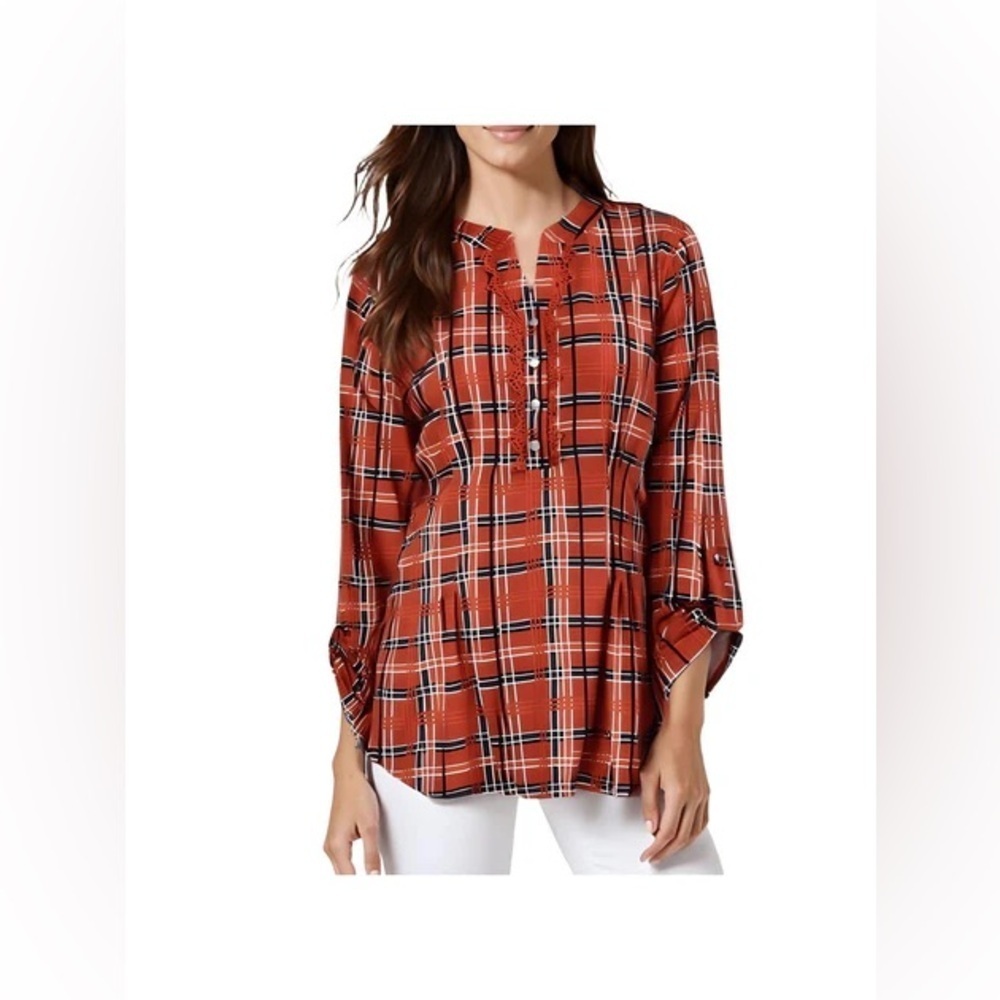 NY COLLECTION Plaid Popover Orange Roll Tab Sleeve Top Petite Large NWT